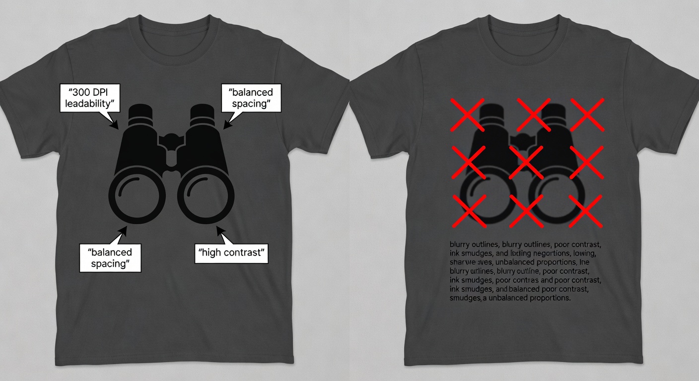 Side-by-side comparison of high-quality vs low-quality bird watcher tee designs; left: crisp retro binocular graphic with labeled callouts for '300 DPI readability', 'balanced spacing', 'high contrast'; right: blurry version with red X's on flaws (32 words)