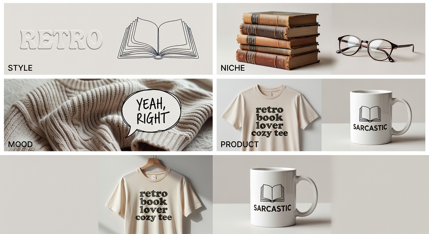 Visual breakdown of search formula components - four quadrants showing style (retro font example, minimalist line art), niche (book lover icons like stacks and glasses), mood (cozy knit sweater overlay, sarcastic speech bubble), product (tee mockup, mug render) with assembled examples: 'retro book lover cozy tee' and 'minimalist sarcastic book lover mug'