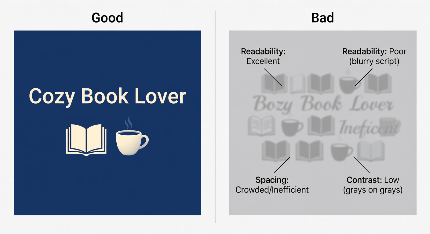 Side-by-side comparison of high-quality vs low-quality 'book lover' design thumbnails at 10% zoom: Left (Good) - 'Cozy Book Lover' text sharp in sans-serif font, balanced open book and mug elements, high contrast beige on navy; Right (Bad) - blurry script text, crowded icons, low contrast grays; labels call out readability, spacing, contrast issues