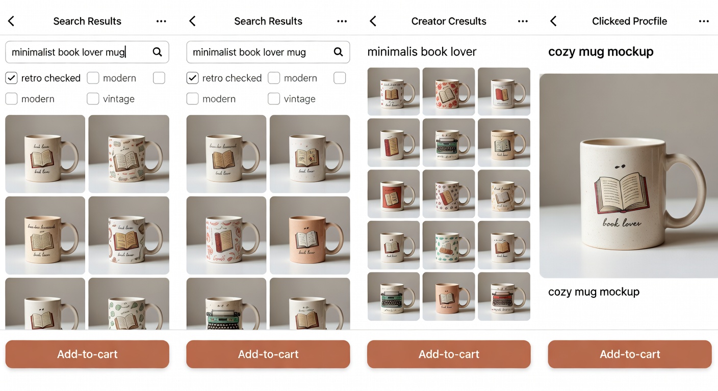 Step-by-step screenshot mockup of marketplace interface: 1. Search bar filled 'minimalist book lover mug'; 2. Results with style filters applied (retro checked); 3. Clicked creator profile showing 12 similar designs grid; 4. Add-to-cart button on selected cozy mug mockup
