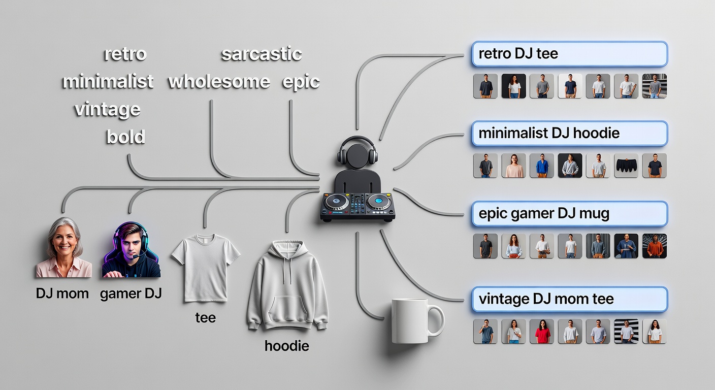 Visual breakdown of DJ search formula components - central DJ icon branching to style words (retro, minimalist, vintage, bold), mood words (sarcastic, wholesome, epic), audience (DJ mom, gamer DJ), and product types (<a href=