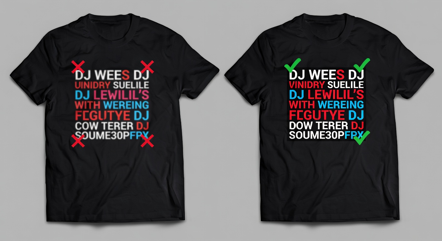 Side-by-side comparison of high-quality vs low-quality DJ design thumbnails at 300x300px size, left low-quality showing blurry text/crowded elements/poor contrast with red X callouts, right high-quality with crisp spacing/bold contrast/green check callouts, both on tee mockups (38 words)