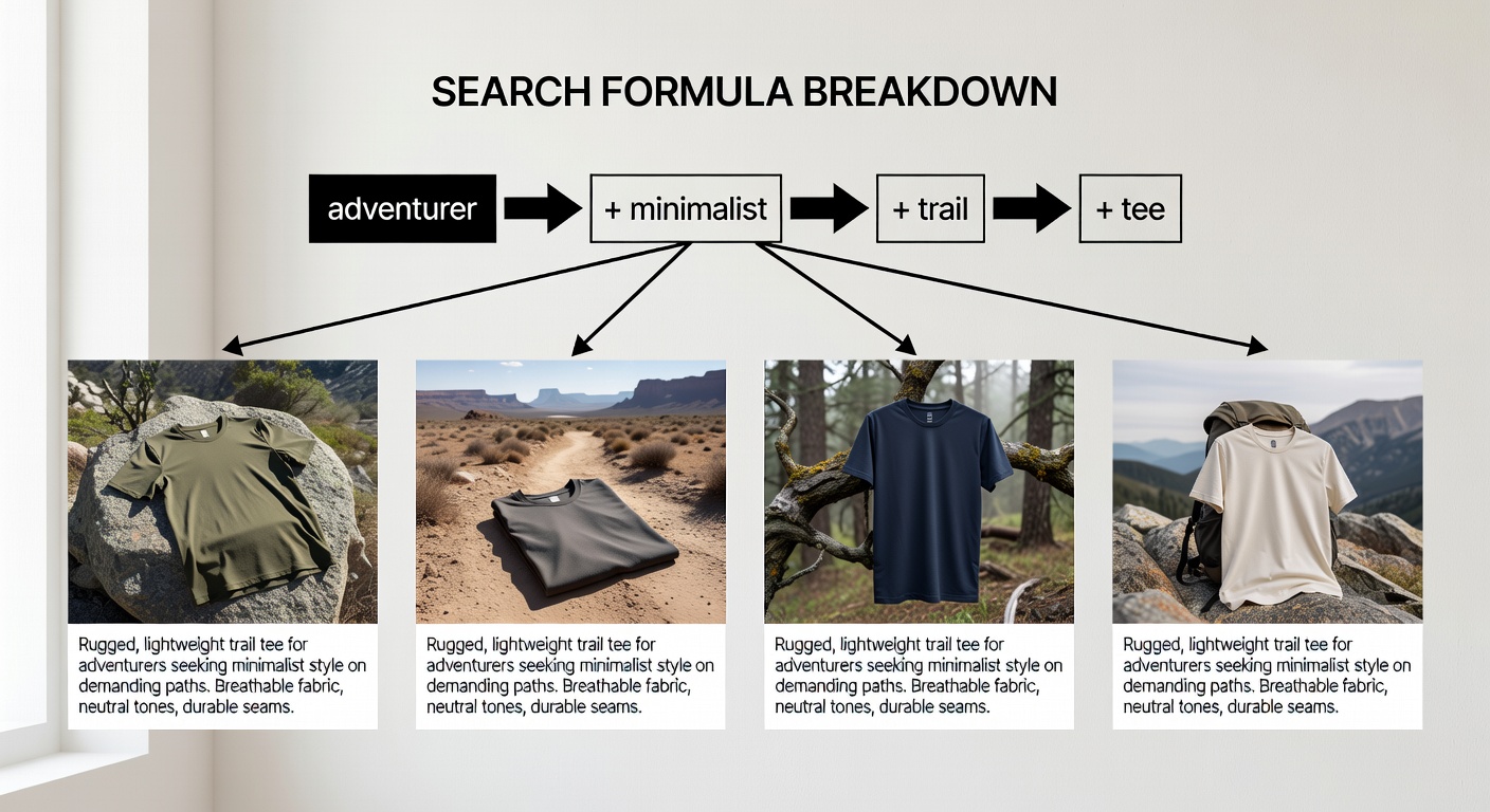 Visual breakdown of a search formula diagram showing components like 'adventurer' (core niche) + 'minimalist' (style) + 'trail' (mood) + '<a href=