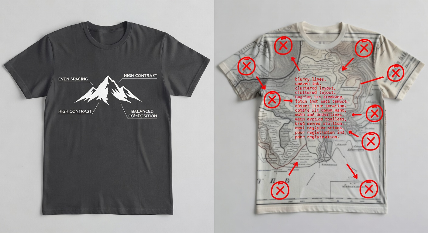 Side-by-side comparison of high-quality vs low-quality adventurer tee designs; left: crisp minimalist mountain at 2400x3000px with labeled callouts for 'even spacing', 'high contrast', 'balanced composition'; right: blurry vintage map with red X's on issues (32 words)
