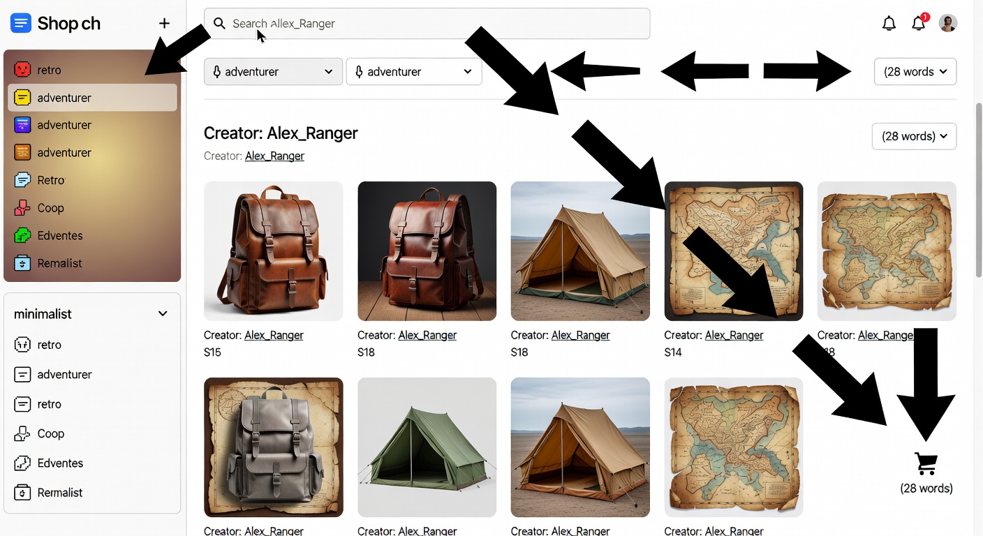 Screenshot-style mockup of marketplace interface on desktop: shop page with 'adventurer' filter applied, sidebar styles (retro, minimalist), top results showing creator profile link and product thumbnails, arrow workflow from search bar to cart (28 words)