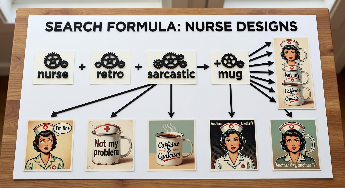 Visual breakdown of a search formula for nurse designs, showing components like 'nurse' (identity) + 'retro' (style) + 'sarcastic' (mood) + 'mug' (product), with 6 example combinations branching out and thumbnail previews of resulting designs