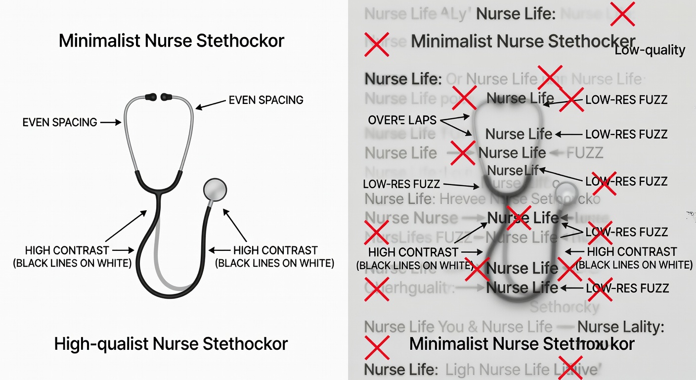 Side-by-side comparison of high-quality vs low-quality nurse designs: Left shows 'Minimalist Nurse Stethoscope' with labeled callouts for even spacing, high contrast (black lines on white), thumbnail readability; right shows blurry, crowded 'Nurse Life' with red X's on overlaps and low-res fuzz