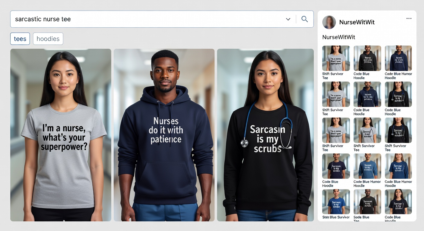 Screenshot-style mockup of marketplace interface: Top search bar with 'sarcastic nurse tee' results, filters applied (tees, hoodies), creator profile open with 12 similar designs, and product mockups showing real-life fit on model