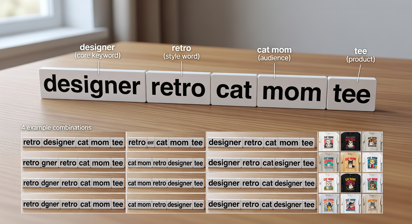 Visual breakdown of a search formula with labeled components: 'designer' (core keyword), 'retro' (style word), 'cat mom' (audience), '<a href=