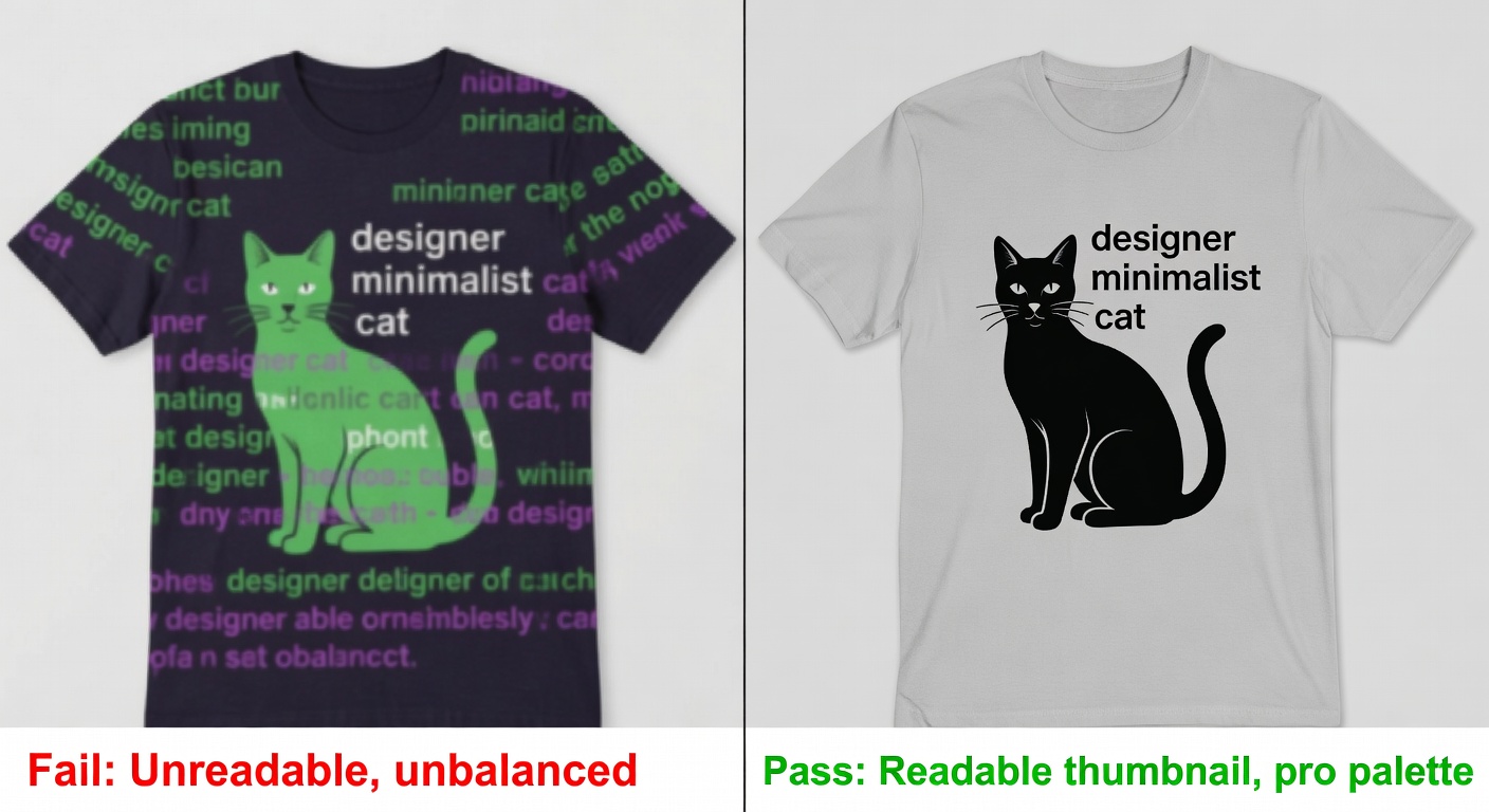 Side-by-side comparison: Left (low-quality): crowded 'designer cat' tee thumbnail with blurry text, poor spacing, clashing colors labeled 'Fail: Unreadable, unbalanced'. Right (high-quality): clean 'designer minimalist cat' tee with sharp lines, balanced layout, high contrast labeled 'Pass: Readable thumbnail, pro palette' (38 words)