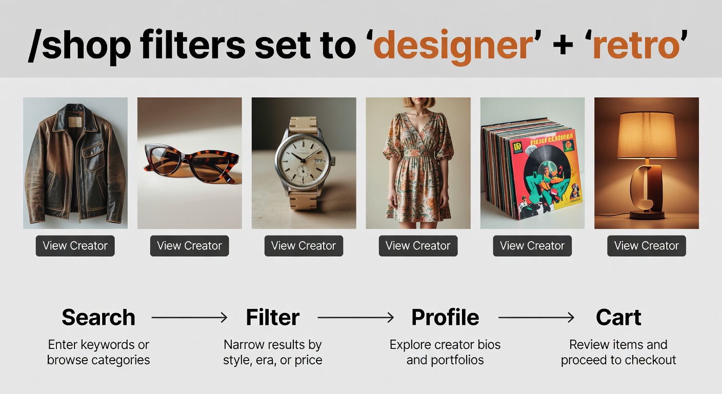 Screenshot-style mockup of shop interface: Top shows /shop filters set to 'designer' + 'retro'; middle displays 6 product thumbnails with 'View Creator' buttons; bottom workflow arrows: 'Search → Filter → Profile → Cart' labeled with tips (32 words)