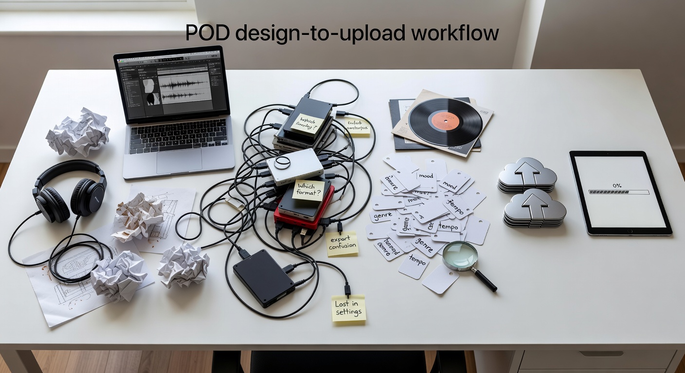 Professional diagram showing POD design-to-upload (DJ) workflow bottlenecks like export confusion and tag paralysis