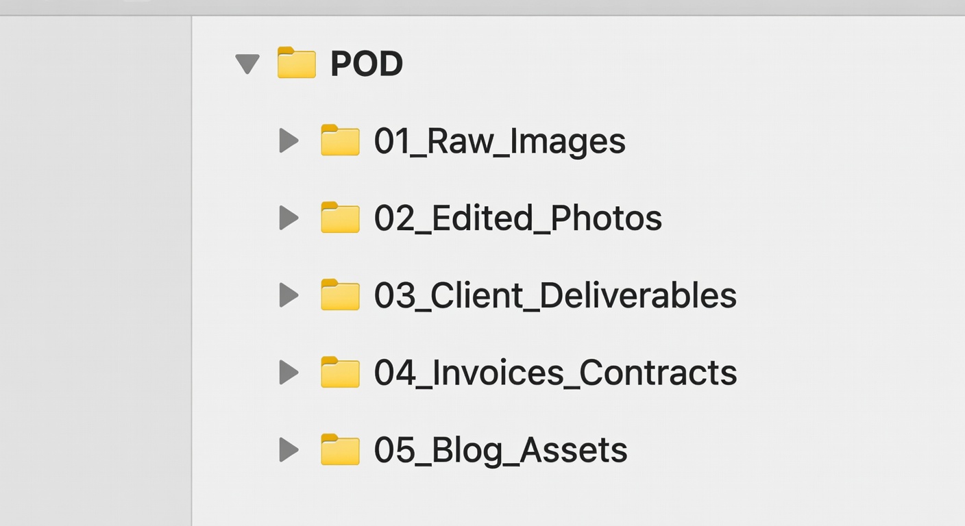 Screenshot-style example of organized POD folder structure with subfolders labeled