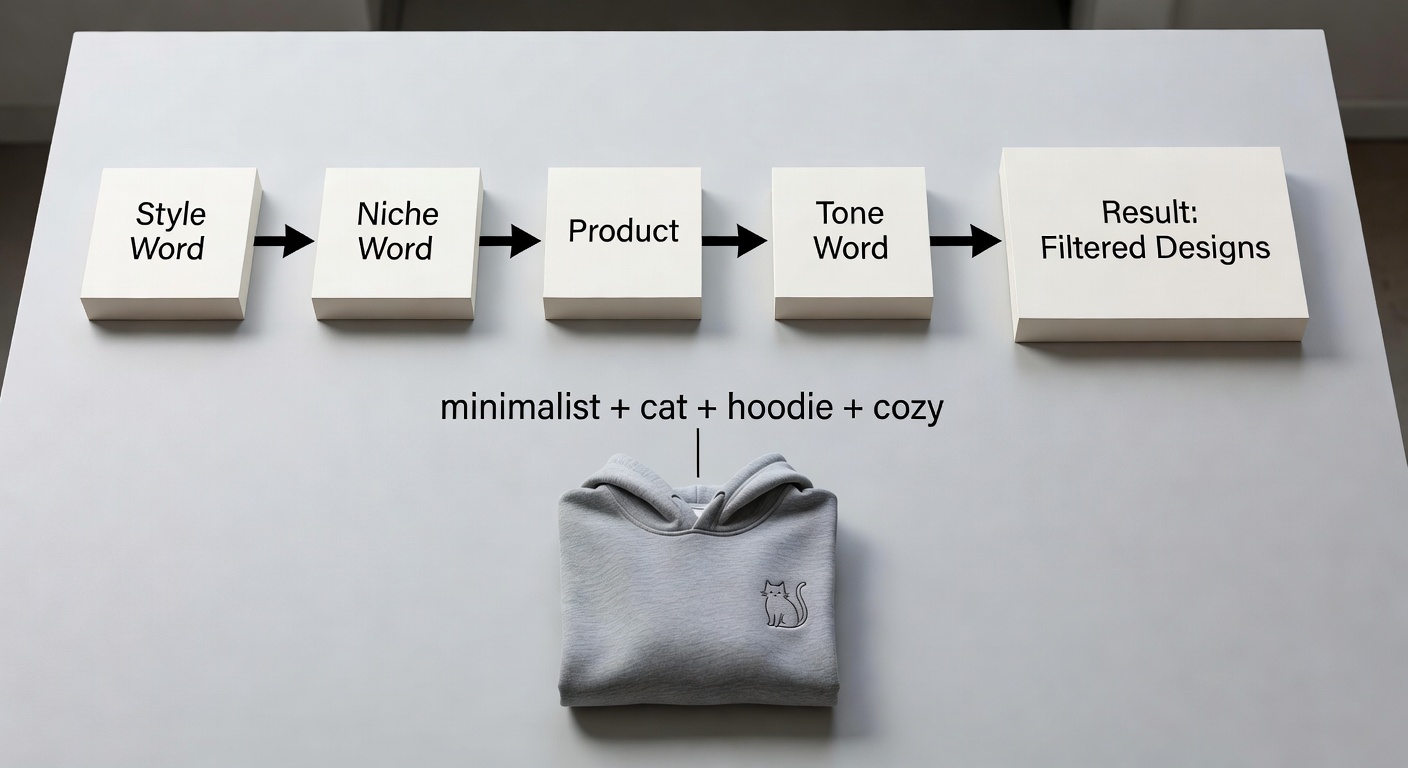 Visual breakdown of search formula components: four interconnected boxes labeled 'Style Word', 'Niche Word', 'Product', 'Tone Word' with arrow pointing to a fifth box 'Result: Filtered Designs'. Below, an example string 'minimalist + cat + hoodie + cozy' connects to a sample product mockup.