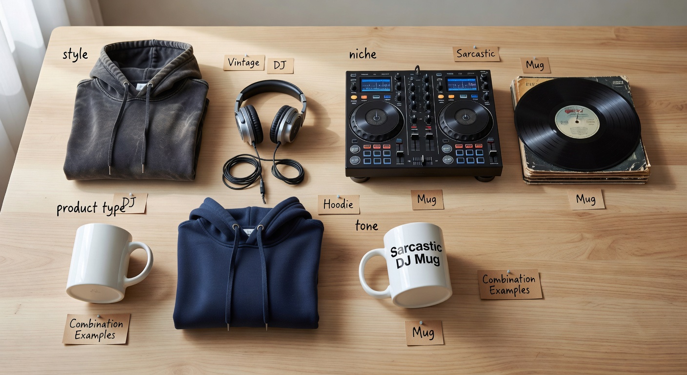 Visual breakdown of search formula components - style, niche, product type, and tone with example combinations like 'vintage DJ hoodie' and 'sarcastic DJ mug'