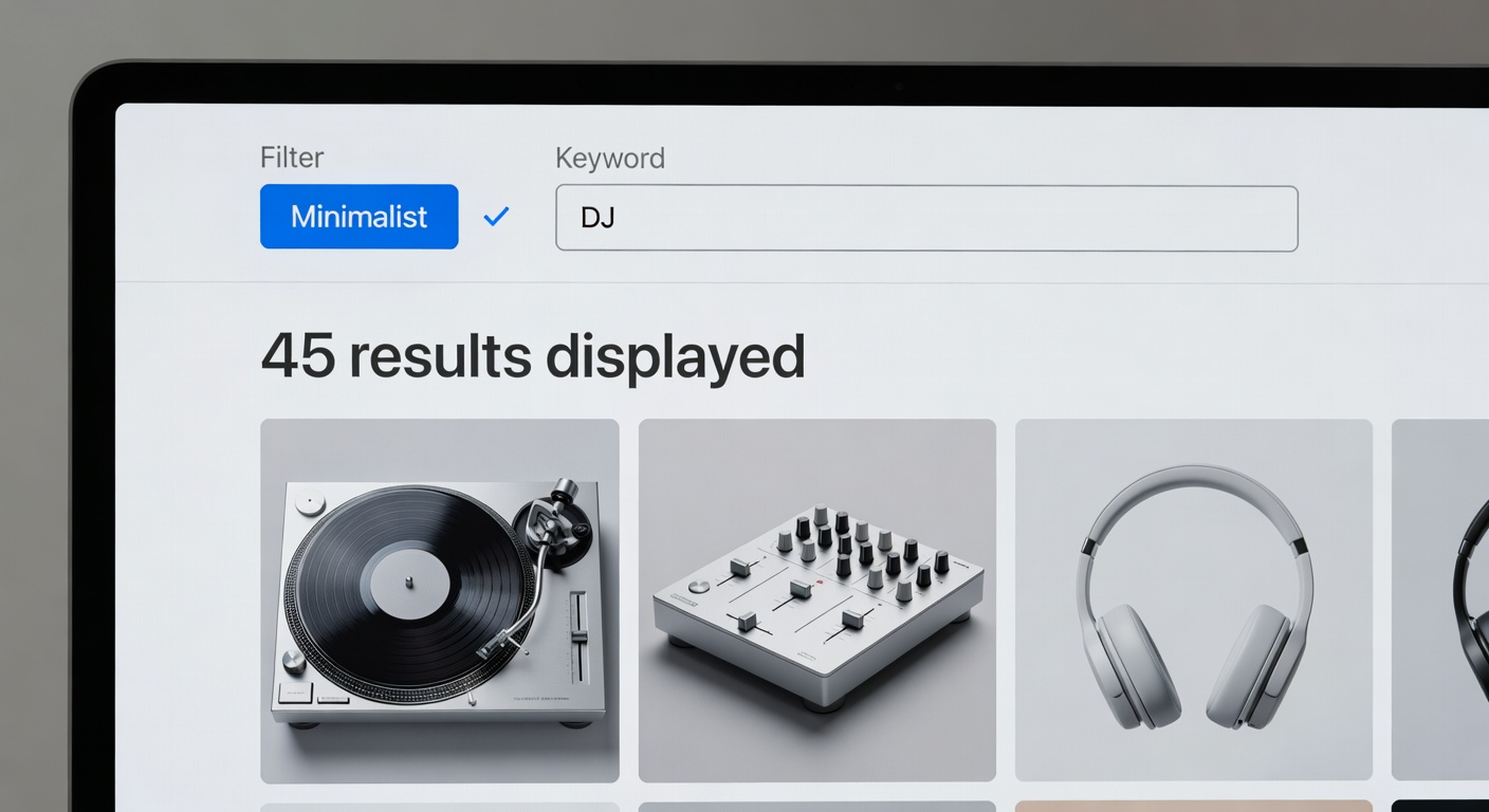 Screenshot-style mockup of browsing interface showing filter usage – selecting 'Minimalist' style and 'DJ' keyword with 45 results displayed