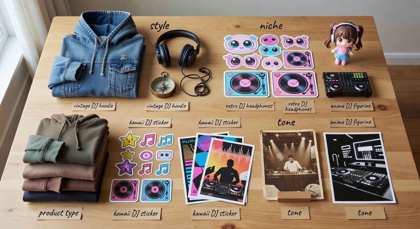 Visual breakdown of search formula components - style, niche, product type, and tone with example combinations like 'vintage DJ hoodie' or 'kawaii DJ sticker'.
