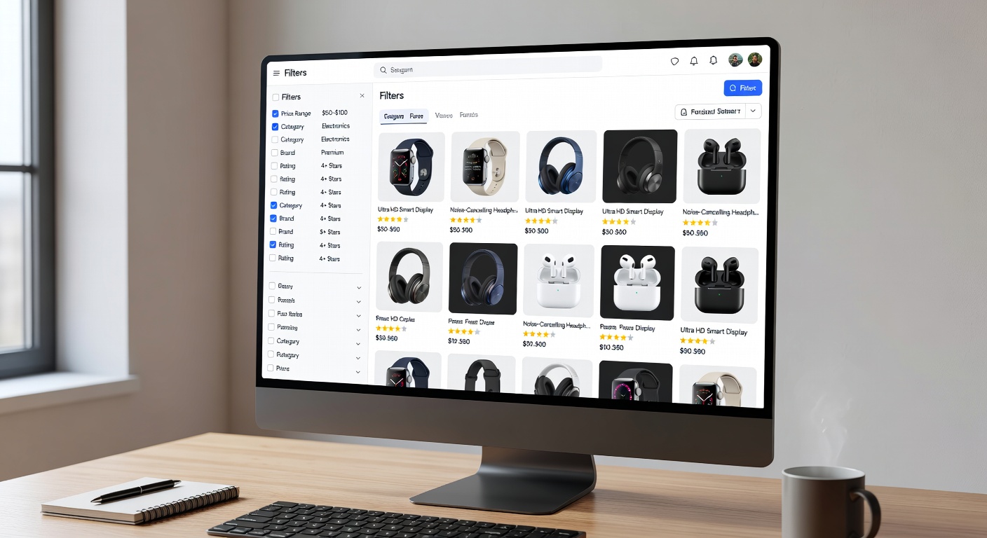 Screenshot-style mockup of browsing interface showing filter usage and product discovery workflow.