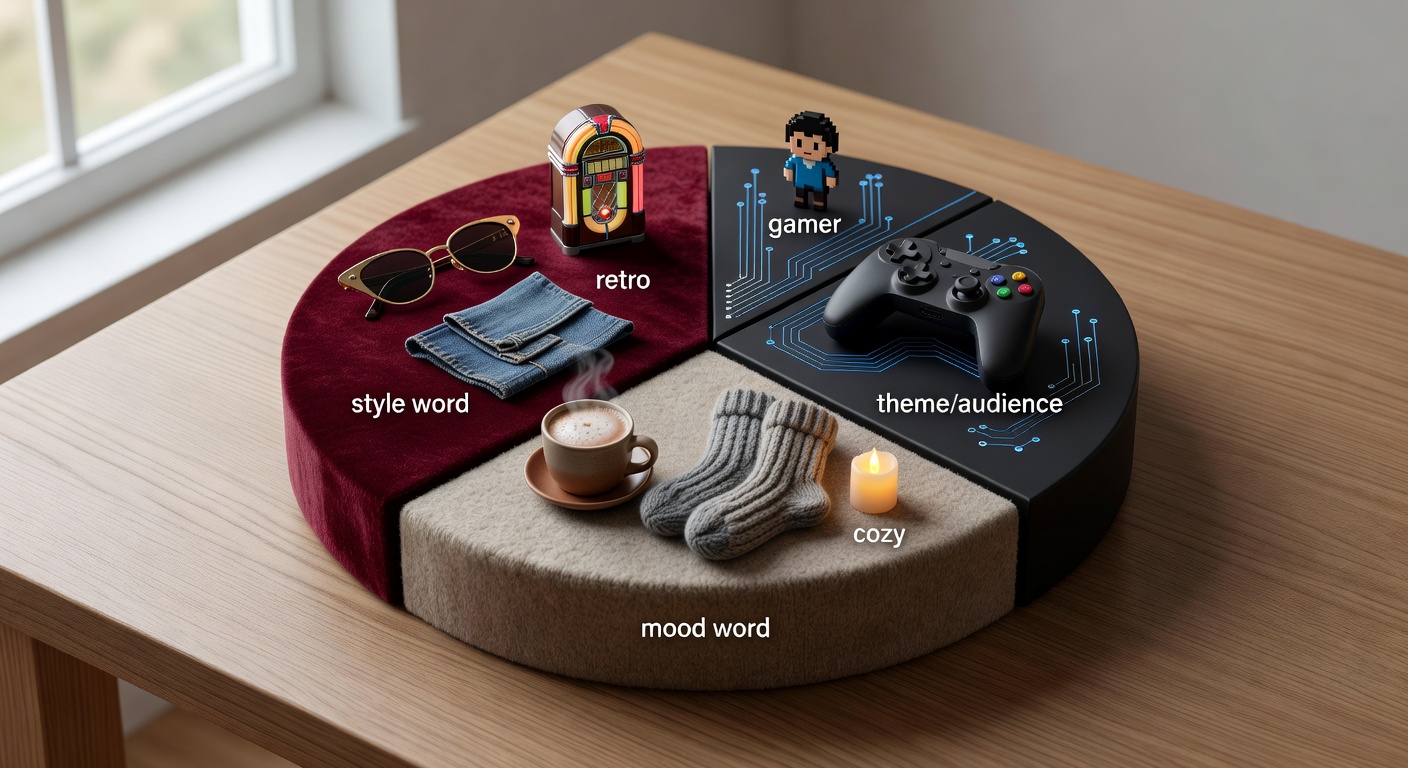 Visual breakdown of search formula components – a pie chart showing 3 parts: style word (e.g., retro), mood word (e.g., cozy), and theme/audience (e.g., gamer). Each segment has examples.