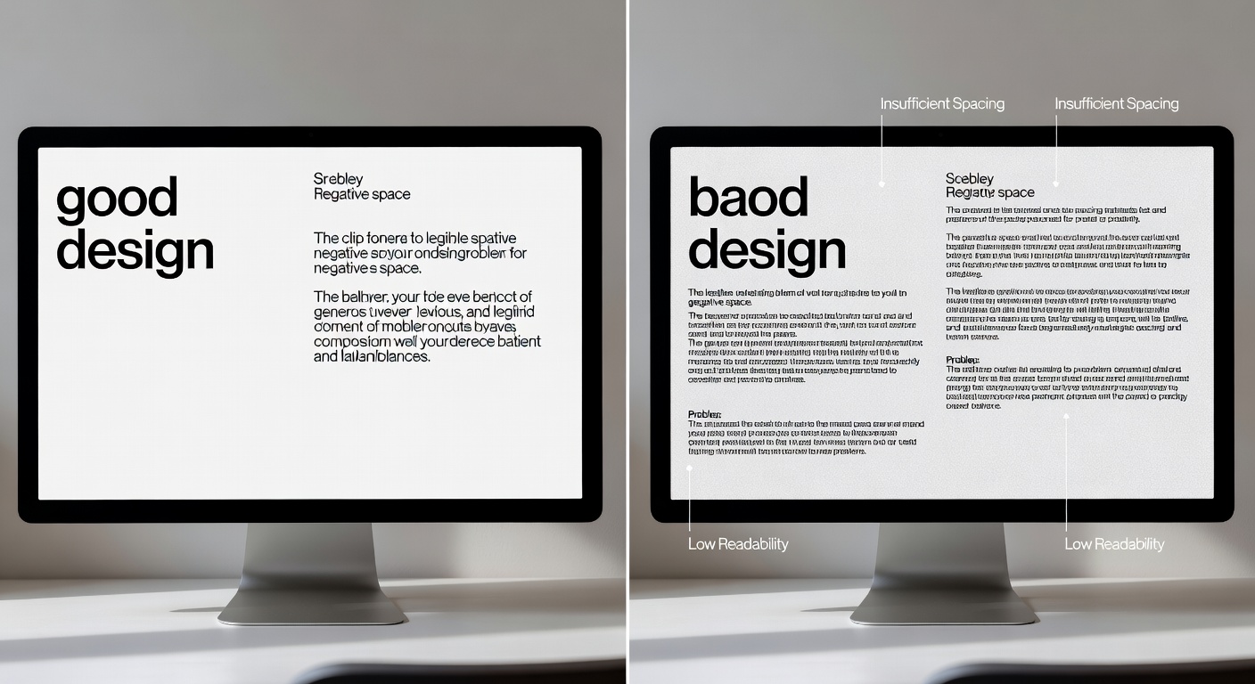 Side-by-side comparison of a good design (high contrast, no clipping) vs a bad design (tiny text, cluttered, pixelated). Callouts show spacing and readability issues.