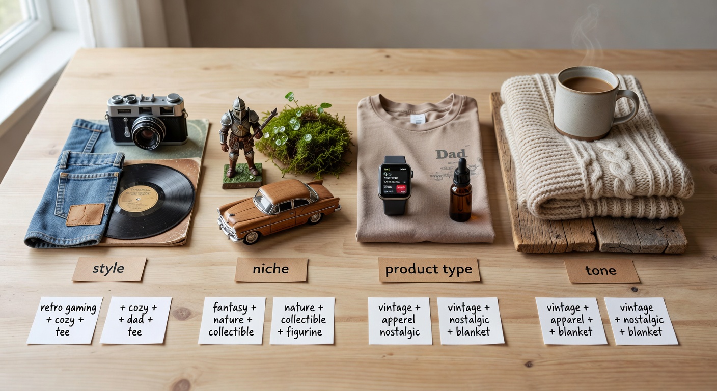 Visual breakdown of search formula components - style, niche, product type, and tone with example combinations like 'retro gaming + cozy + dad + tee'