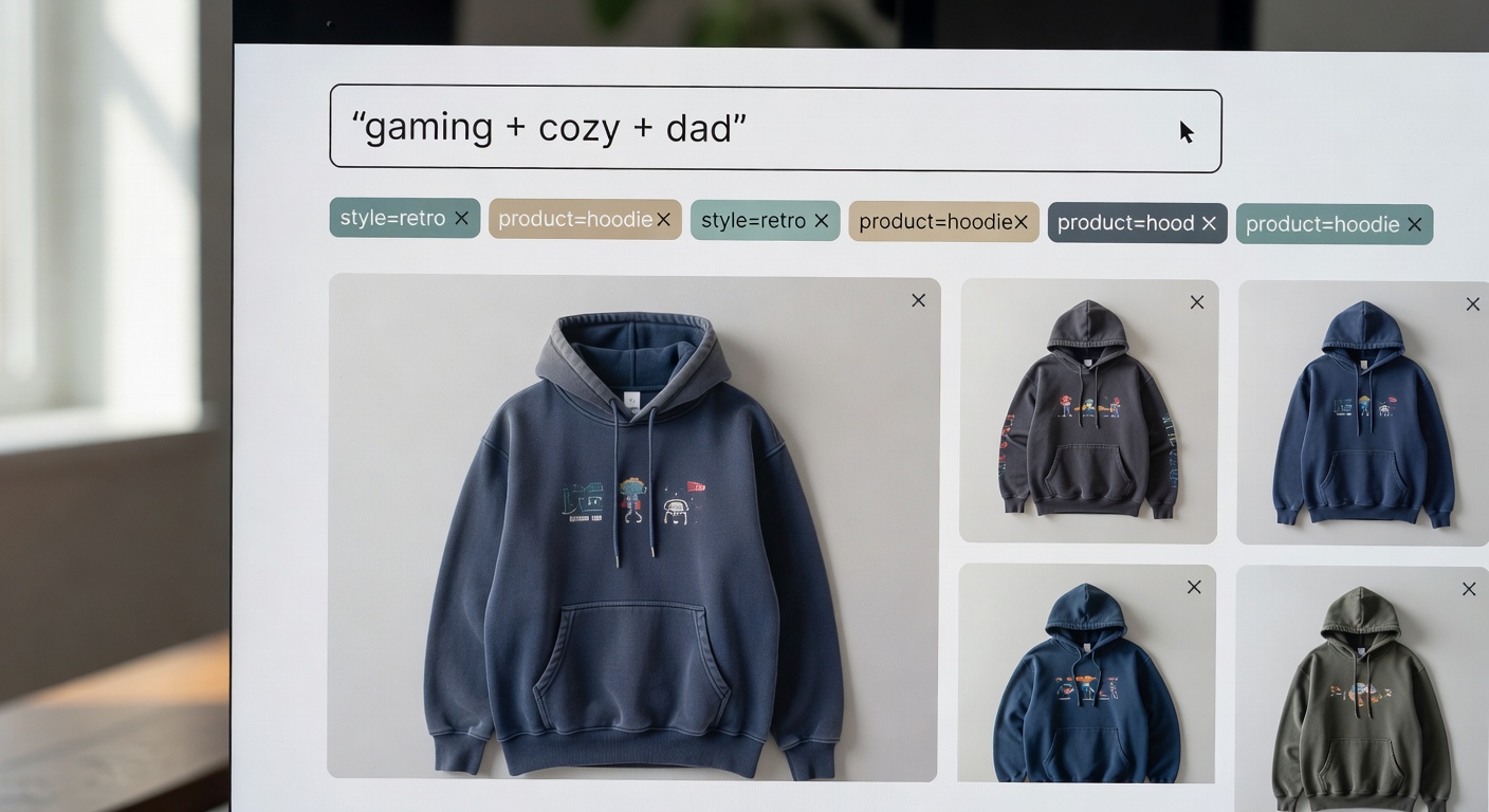 Screenshot-style mockup of browsing interface showing filter usage for style=retro and product=hoodie, with search bar containing 'gaming + cozy + dad'